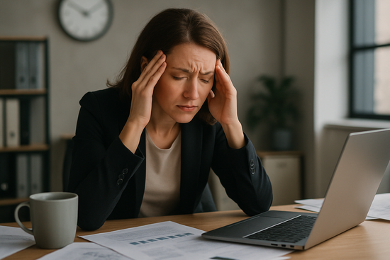 A professional woman showing signs of stress at her desk while working